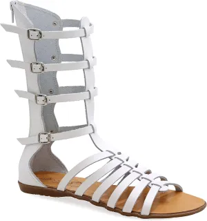 Emmanuela Ancient Greek Style Handmade Leather Gladiator Sandals, Quality Calf High Sandals with Rear Zipper at Shaft, Strappy Summer Flat Shoes for Women