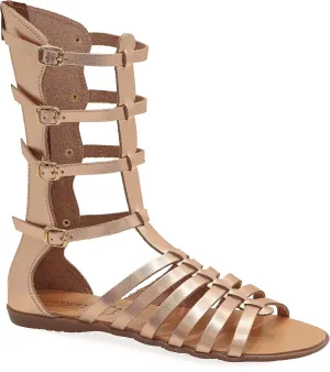 Emmanuela Ancient Greek Style Handmade Leather Gladiator Sandals, Quality Calf High Sandals with Rear Zipper at Shaft, Strappy Summer Flat Shoes for Women