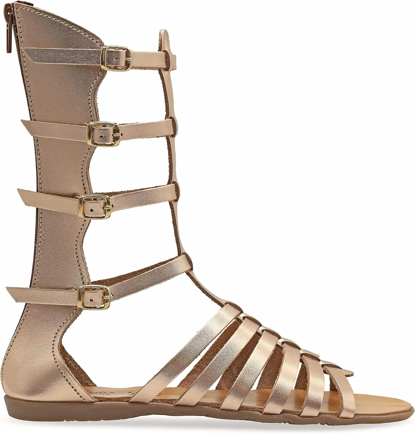 Emmanuela Ancient Greek Style Handmade Leather Gladiator Sandals, Quality Calf High Sandals with Rear Zipper at Shaft, Strappy Summer Flat Shoes for Women