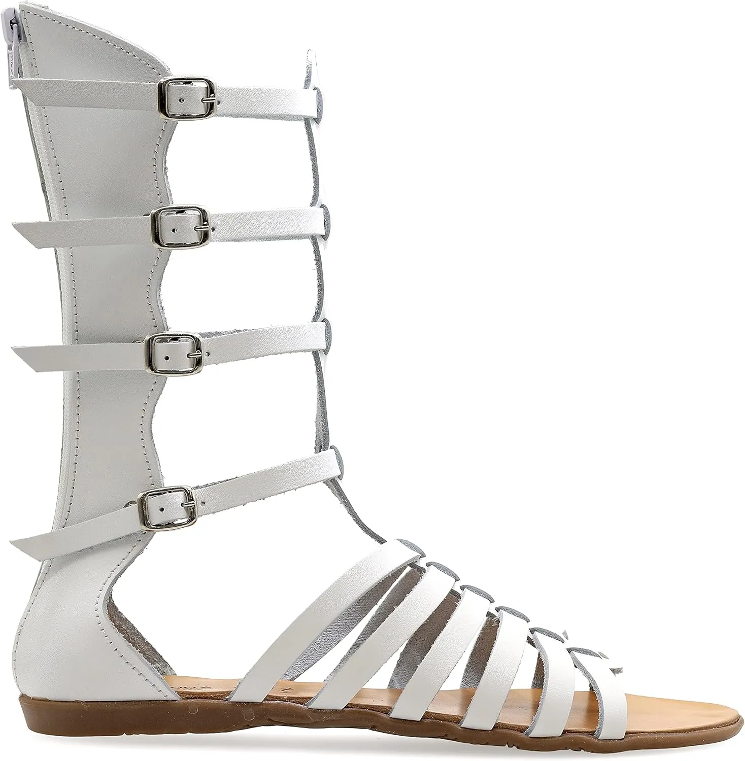 Emmanuela Ancient Greek Style Handmade Leather Gladiator Sandals, Quality Calf High Sandals with Rear Zipper at Shaft, Strappy Summer Flat Shoes for Women