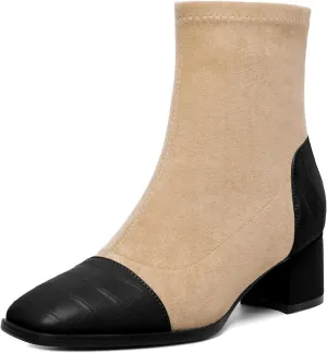Esvowido Women's Ankle Boots Cap Toe Heels Square Toe Two Toned Block Low Heel Booties Slip on Suede Faux Crocodile Winter Boots