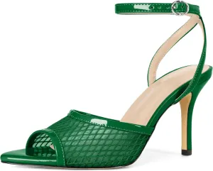 Esvowido Womens Mesh Heeled Sandals Pointed Peep Toe Ankle Strap 3.5 Inch Stiletto Heels for Wedding Office Party