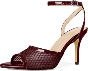 Esvowido Womens Mesh Heeled Sandals Pointed Peep Toe Ankle Strap 3.5 Inch Stiletto Heels for Wedding Office Party