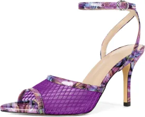 Esvowido Womens Mesh Heeled Sandals Pointed Peep Toe Ankle Strap 3.5 Inch Stiletto Heels for Wedding Office Party