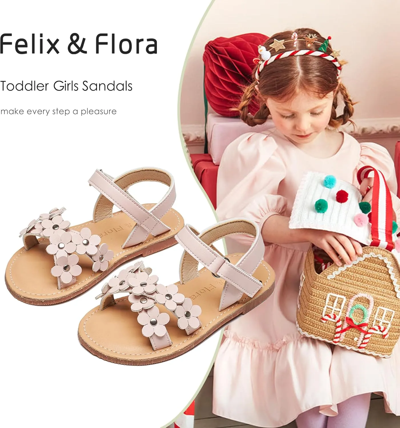 Felix & Flora Toddler Girl Sandals -Flower Girl Dress Shoes Open Toe Little Kid Summer Flats