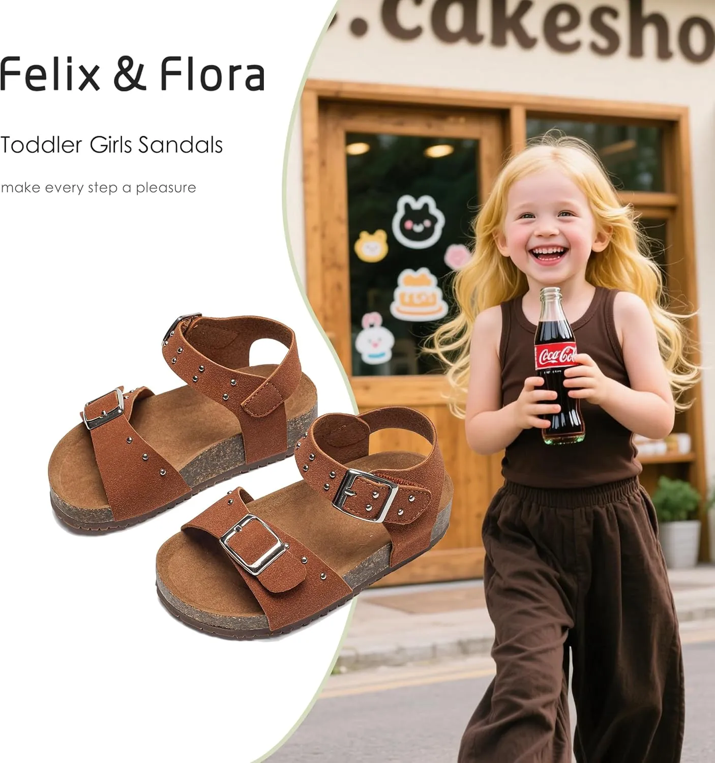 Felix & Flora Toddler Girls Sandals Flower Girl Cork Footbed Open Toe Comfort Princess Summer Flat Shoes