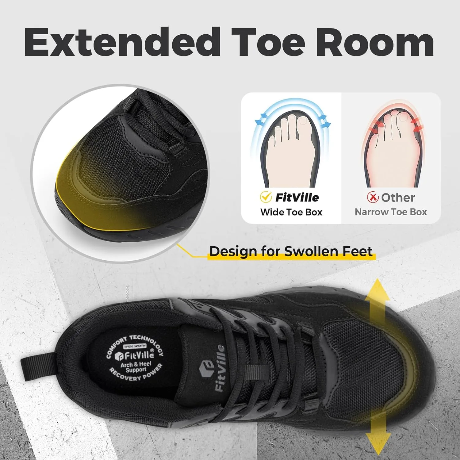 FitVille Extra Wide Walking Shoes Women Wide Width Workout Sneakers with Arch Support for Flat Feet Heel Pain Relief - Rebound Core V9