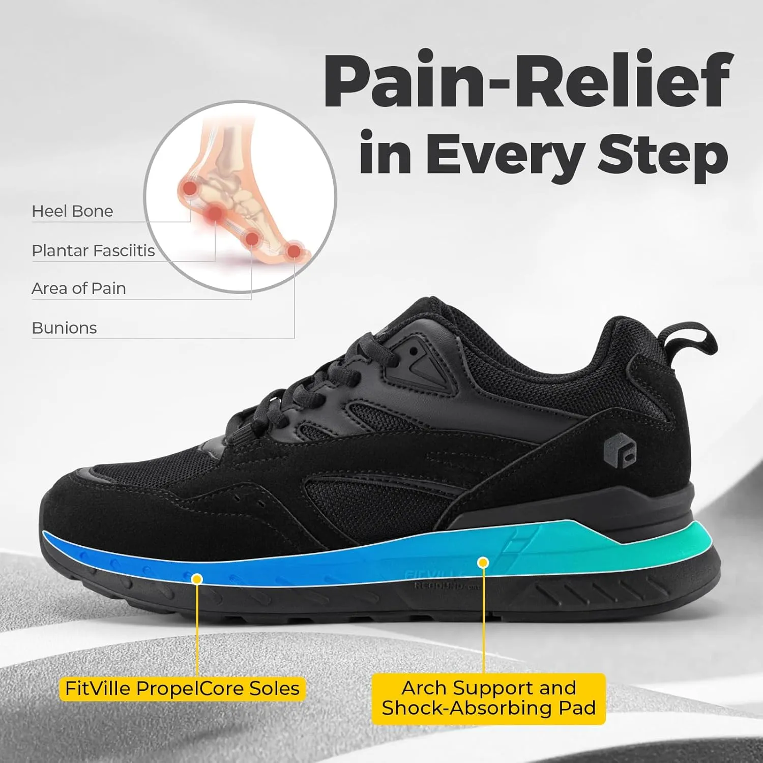 FitVille Extra Wide Walking Shoes Women Wide Width Workout Sneakers with Arch Support for Flat Feet Heel Pain Relief - Rebound Core V9