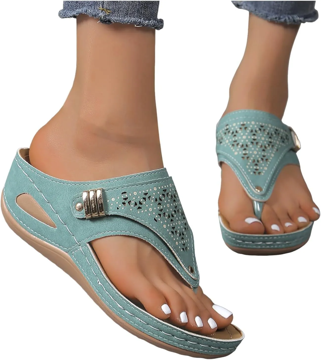 Flip Flops for Women with Arch Support Orthopedic Sandals Comfortable Walking Thong Sandals 3D Hollow Flower Wedge Sandals for Women Casual Slippers Slip On Platform Sandals Dressy Summer Beach Shoes