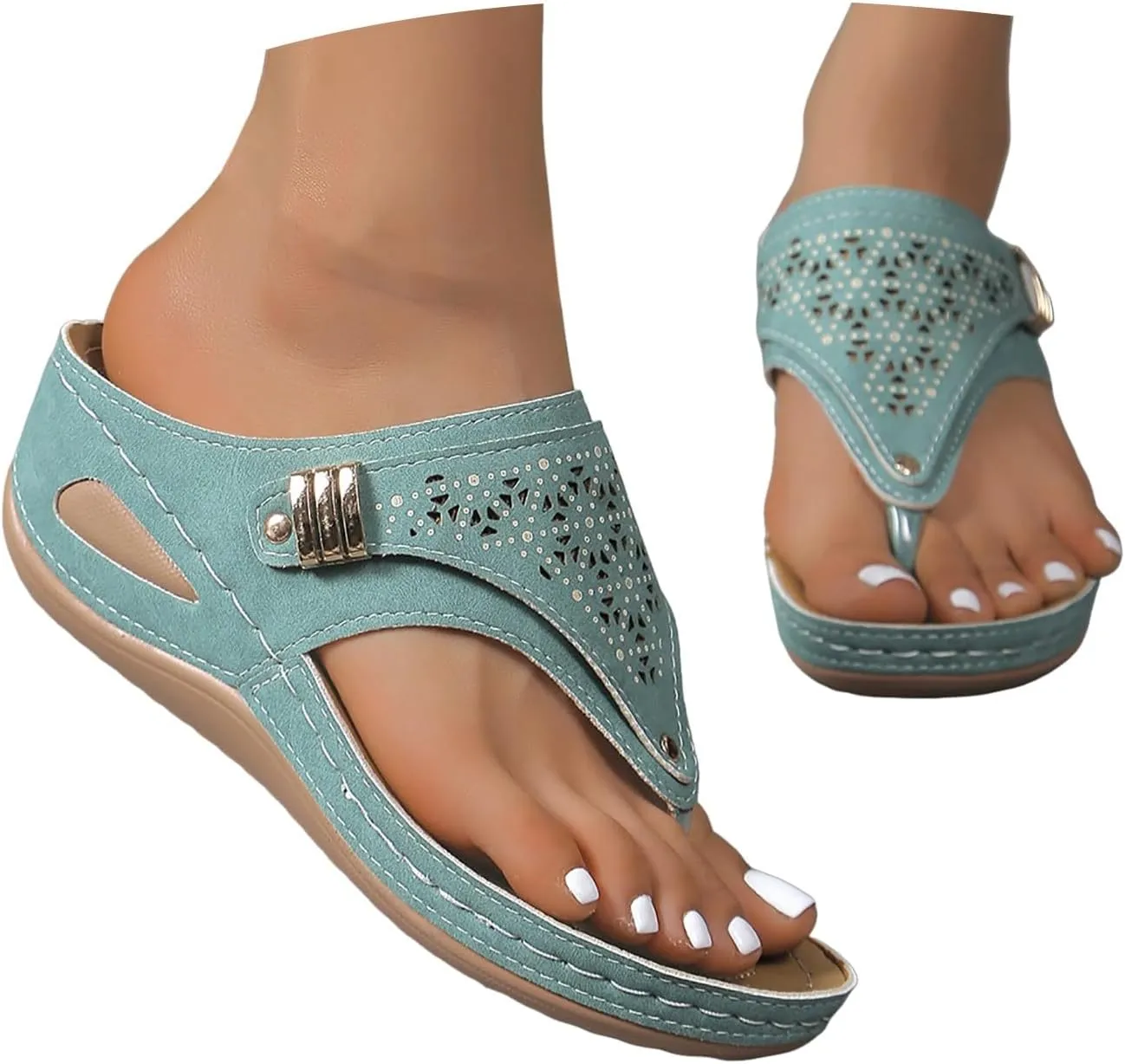 Flip Flops for Women with Arch Support Orthopedic Sandals Comfortable Walking Thong Sandals 3D Hollow Flower Wedge Sandals for Women Casual Slippers Slip On Platform Sandals Dressy Summer Beach Shoes