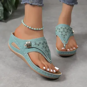 Flip Flops for Women with Arch Support Orthopedic Sandals Comfortable Walking Thong Sandals 3D Hollow Flower Wedge Sandals for Women Casual Slippers Slip On Platform Sandals Dressy Summer Beach Shoes