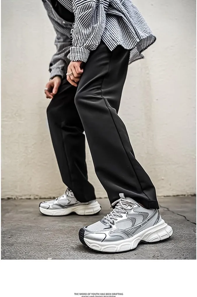 Floette Men's Silver Fashion Sneakers Dad Shoes Walking Casual Athletic Chunky Platform Sneakers