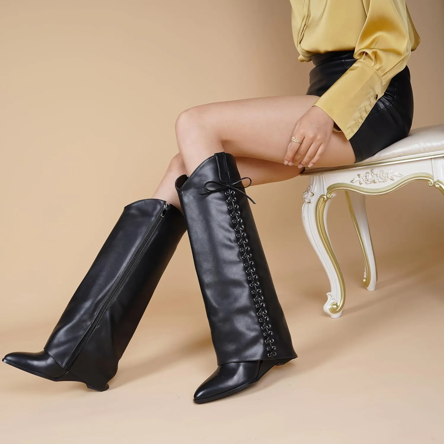 Fold Over Boots for Women Pointy Pull-on Wedge Heel Knee Shark Boot With Side Zipper Padlock Design