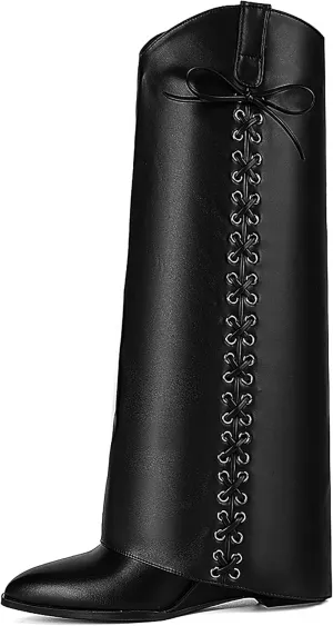 Fold Over Boots for Women Pointy Pull-on Wedge Heel Knee Shark Boot With Side Zipper Padlock Design