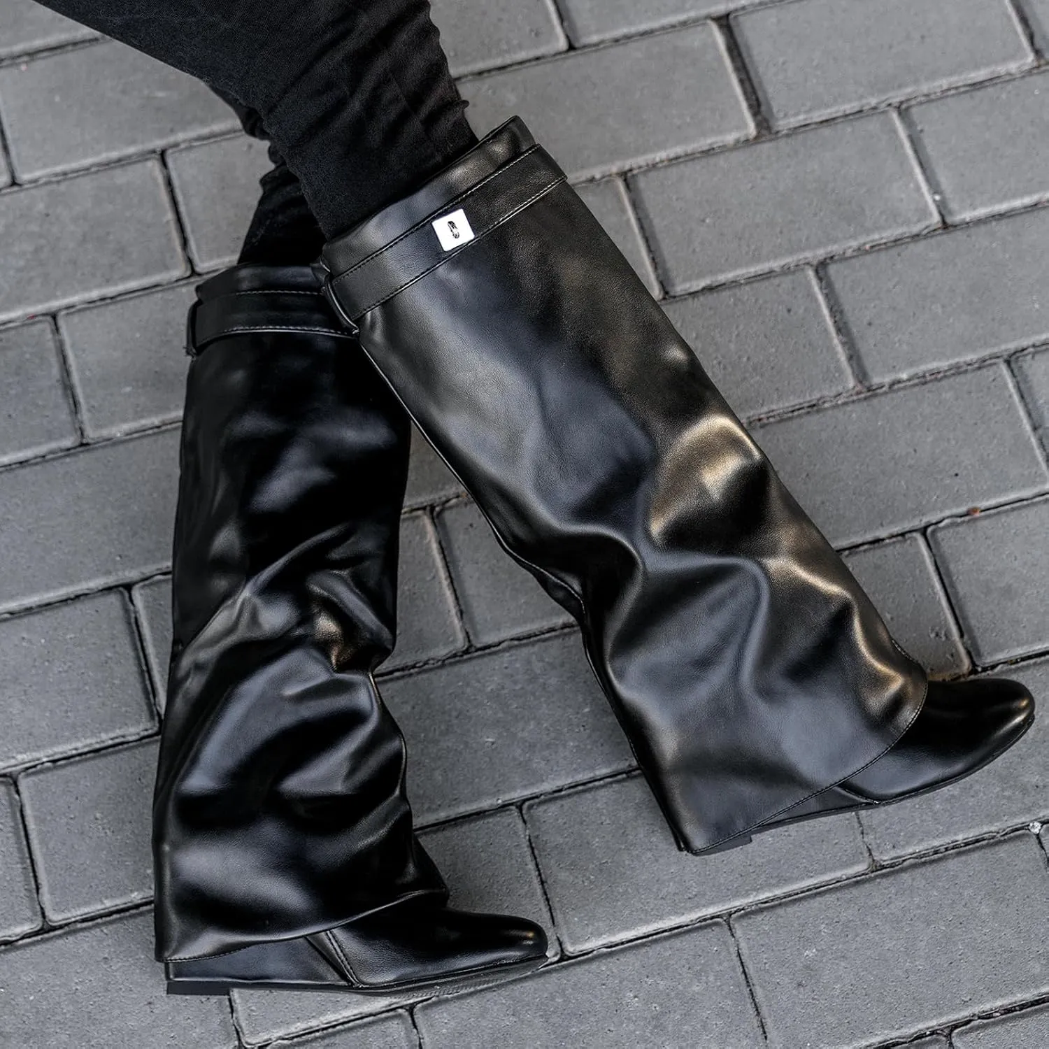 Fold Over Boots Women's Knee high Shark Boots Pointed Toe Wedge Heel Flat Shoes For Fall Winter Dress Boots