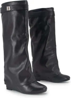 Fold Over Boots Women's Knee high Shark Boots Pointed Toe Wedge Heel Flat Shoes For Fall Winter Dress Boots