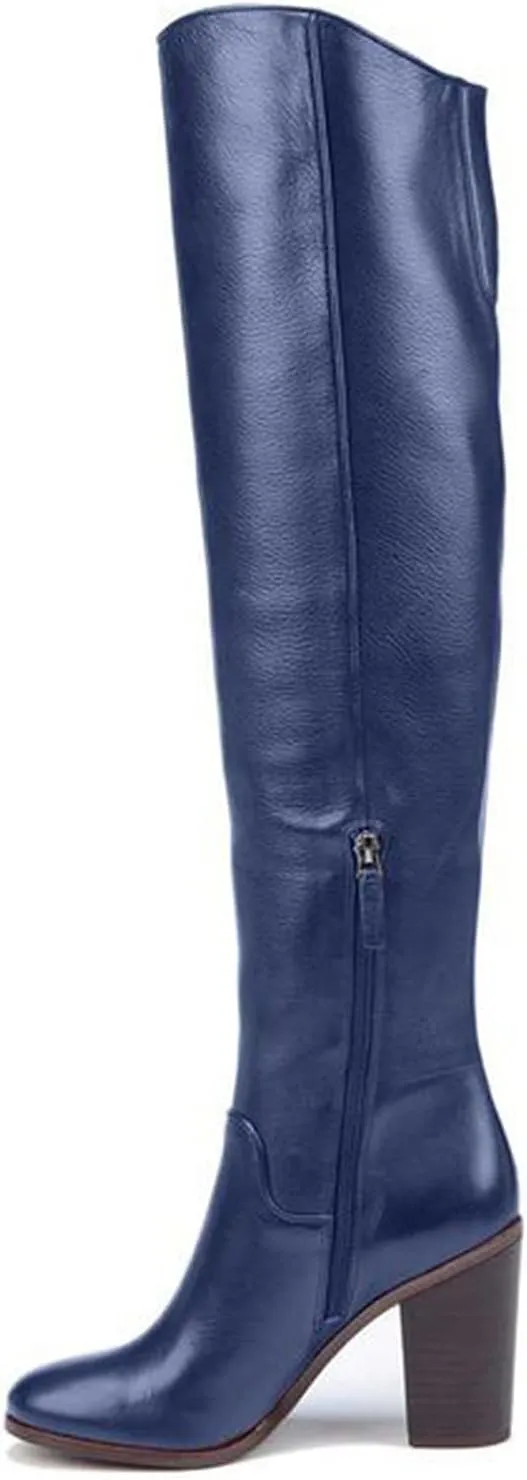 FOWT Women Round Toe High Chunky Heel Knee Boots Solid Color Smooth Leather Side Zipper Long Booties Classic Autumn Winter Warm Unisex Knee-High Shoes for Office School Party 4-16 US Size