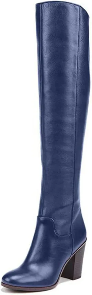FOWT Women Round Toe High Chunky Heel Knee Boots Solid Color Smooth Leather Side Zipper Long Booties Classic Autumn Winter Warm Unisex Knee-High Shoes for Office School Party 4-16 US Size