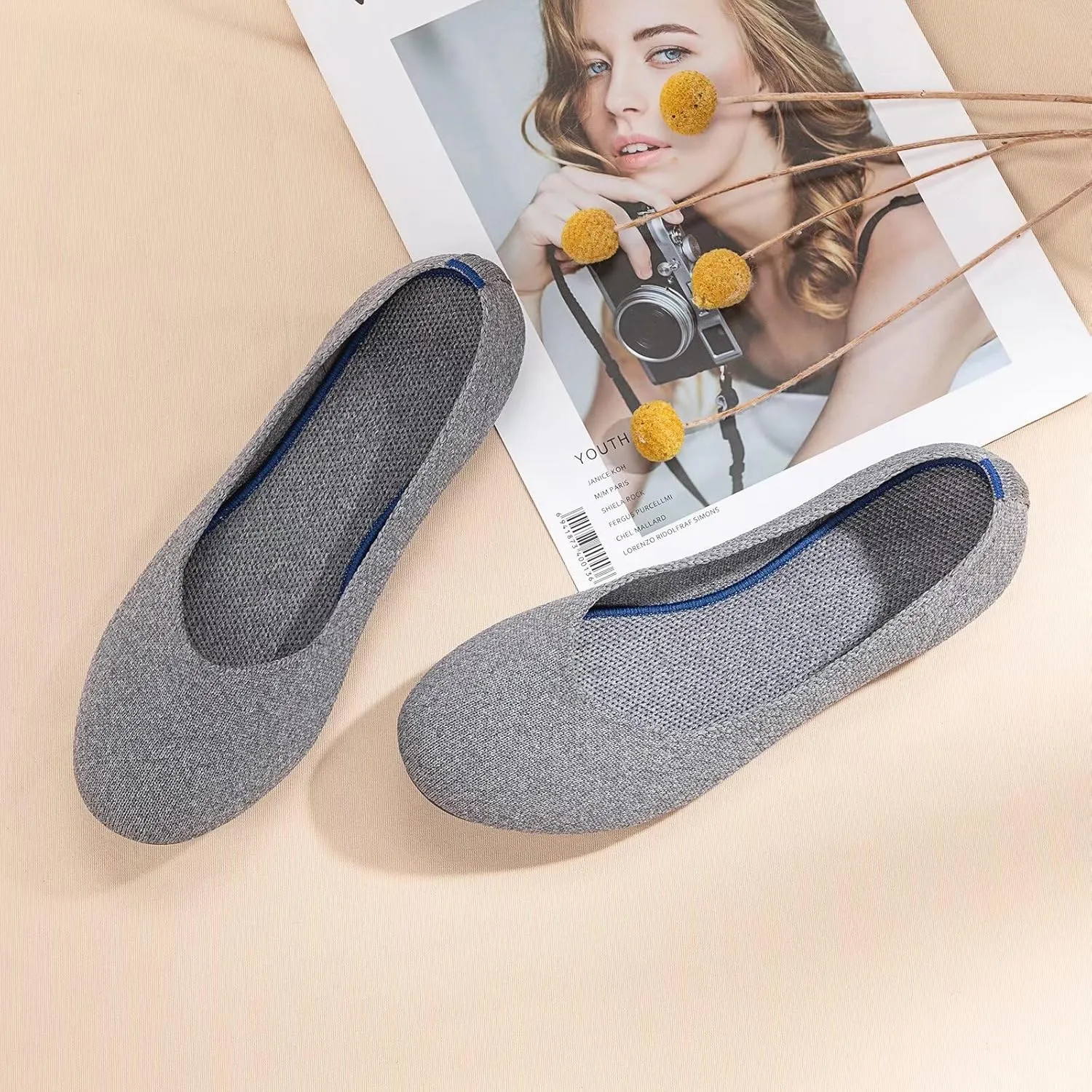 Frank Mully Women’s Ballet Flat Shoes Knit Dress Shoes Round Toe Slip On Ballerina Flats for Woman Low Wedge Comfort Soft