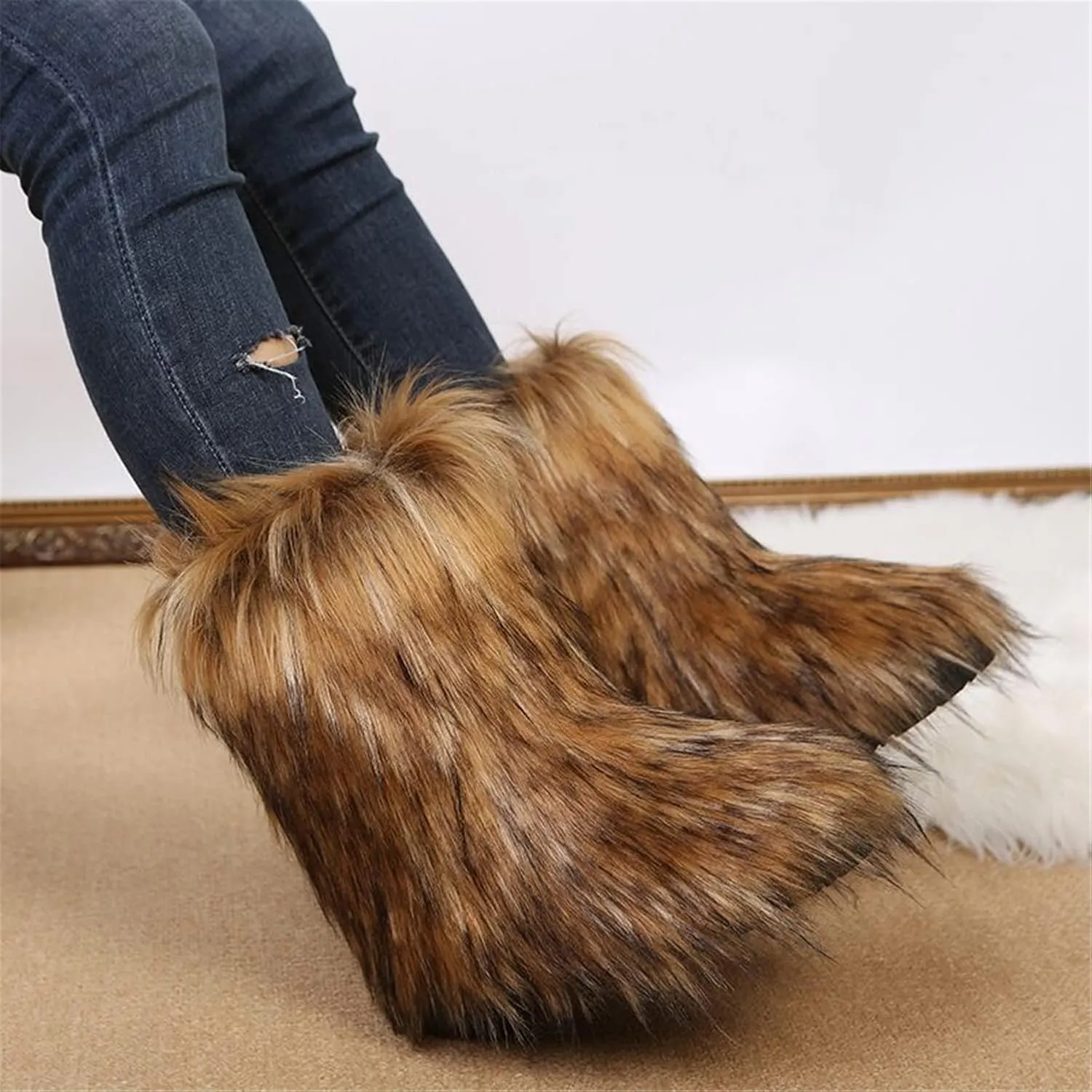 FUNCOS Women's Faux Fur Boots Mid-Calf Fuzzy Fluffy Winter Boots Rave Carnival Costume