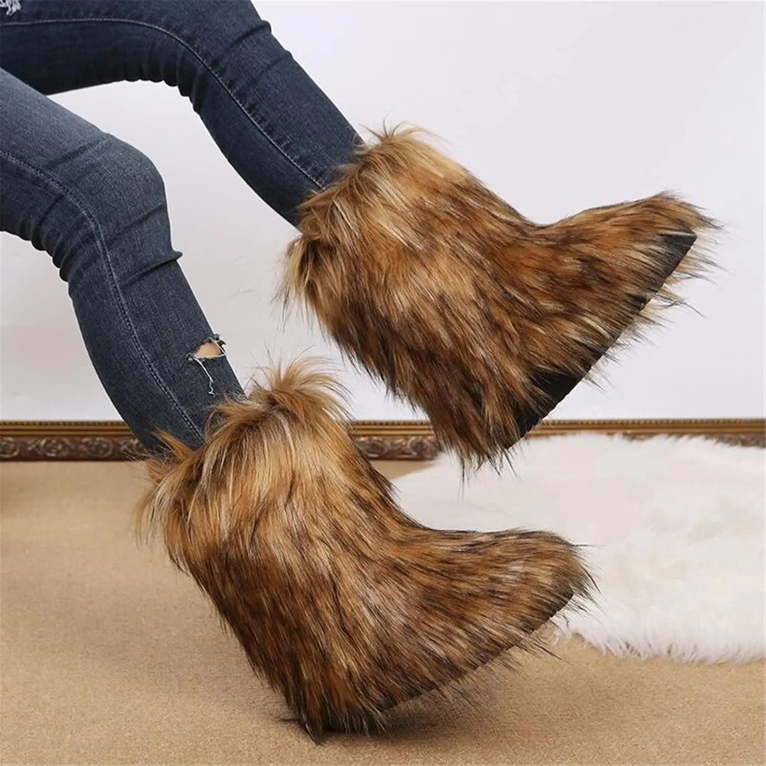 FUNCOS Women's Faux Fur Boots Mid-Calf Fuzzy Fluffy Winter Boots Rave Carnival Costume