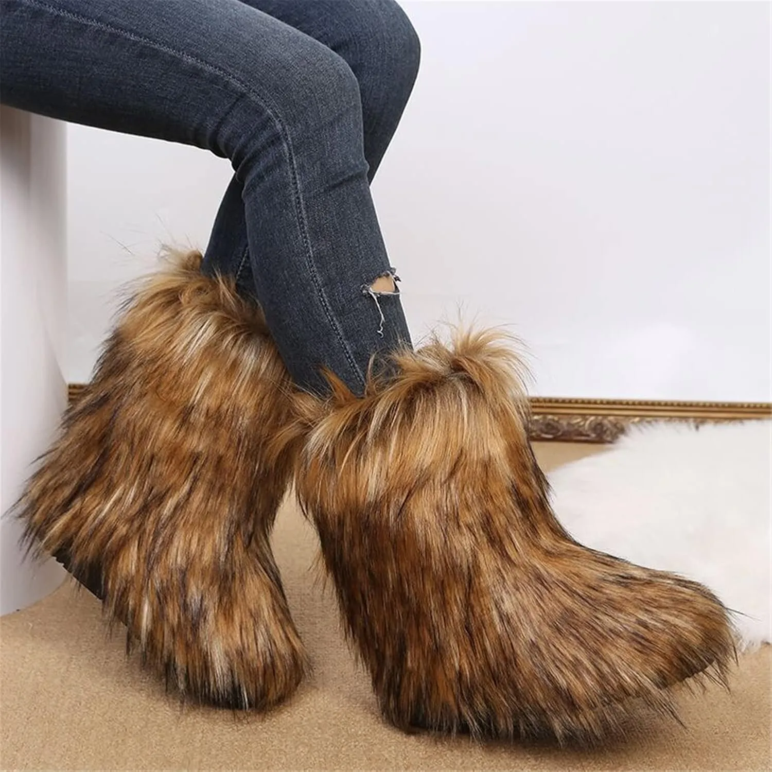 FUNCOS Women's Faux Fur Boots Mid-Calf Fuzzy Fluffy Winter Boots Rave Carnival Costume