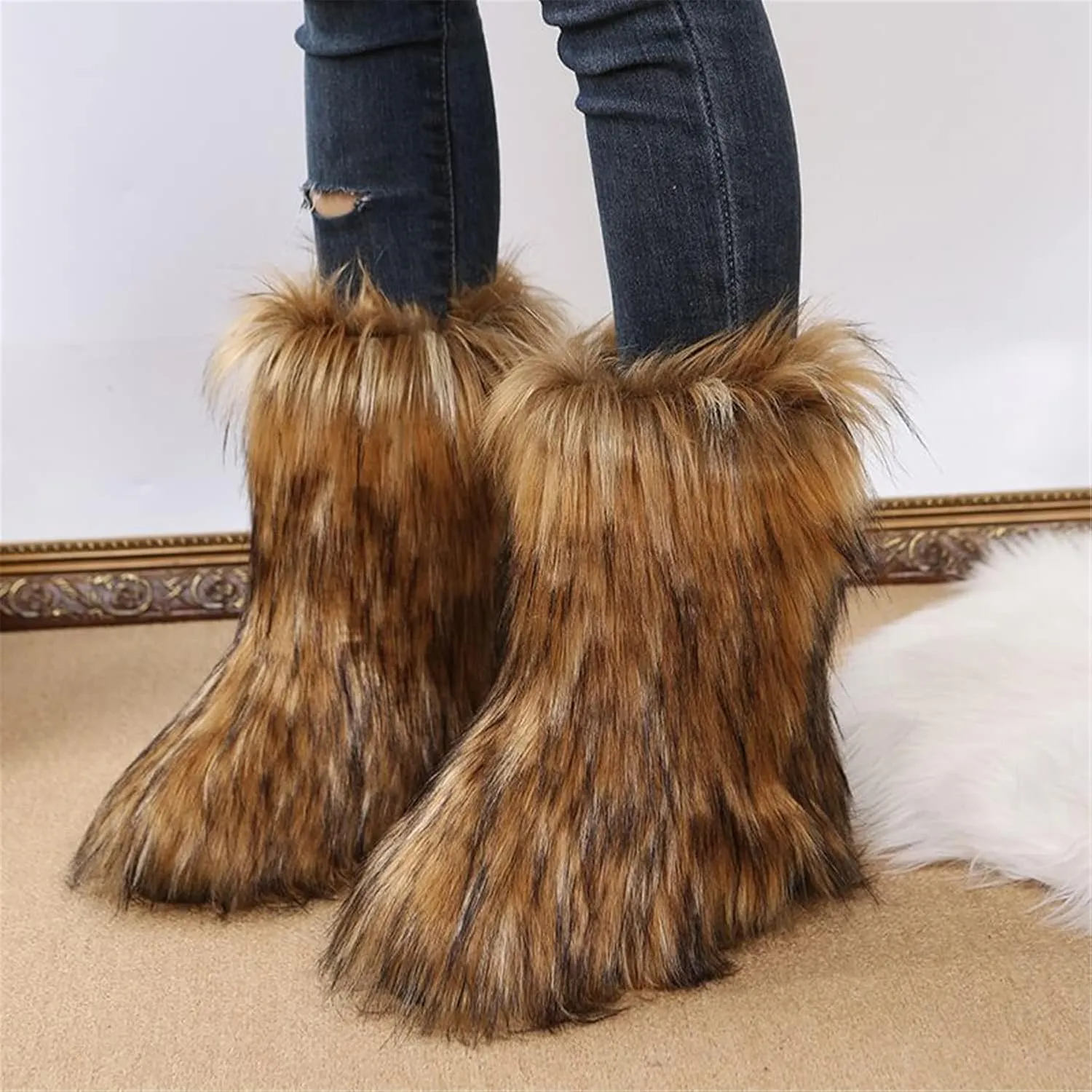 FUNCOS Women's Faux Fur Boots Mid-Calf Fuzzy Fluffy Winter Boots Rave Carnival Costume