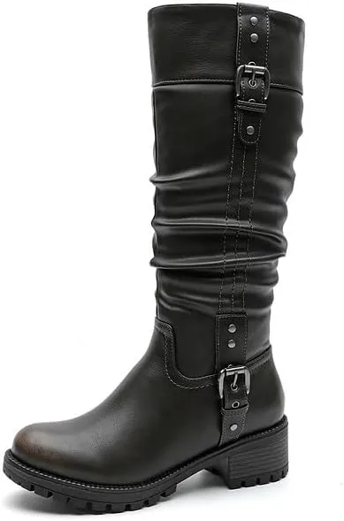GLOBALWIN Women's Black Knee-High Boots: Fashion Dressy Riding Boots - Chunky Low Heel, Slouchy Design, Buckle Detail, All-Season, Comfortable 2-Inch Heels