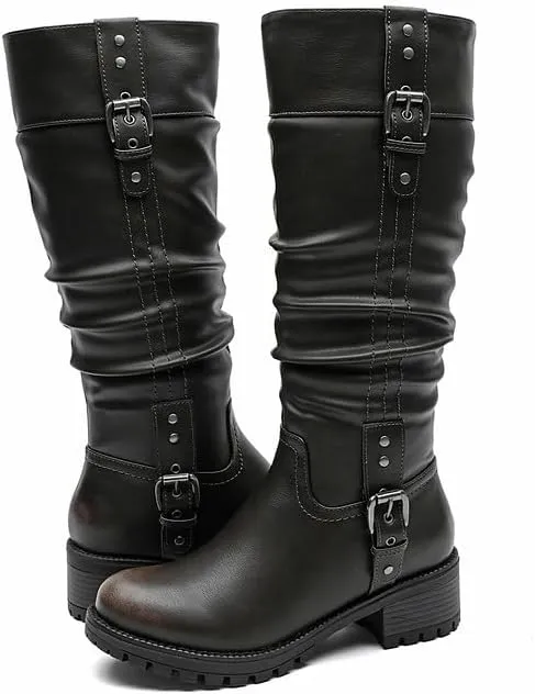 GLOBALWIN Women's Black Knee-High Boots: Fashion Dressy Riding Boots - Chunky Low Heel, Slouchy Design, Buckle Detail, All-Season, Comfortable 2-Inch Heels