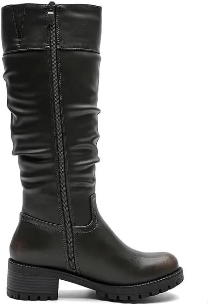GLOBALWIN Women's Black Knee-High Boots: Fashion Dressy Riding Boots - Chunky Low Heel, Slouchy Design, Buckle Detail, All-Season, Comfortable 2-Inch Heels