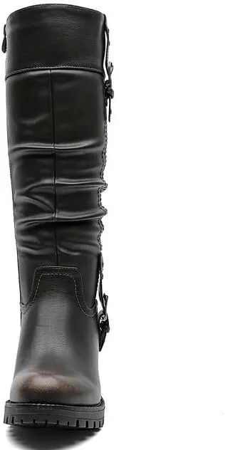 GLOBALWIN Women's Black Knee-High Boots: Fashion Dressy Riding Boots - Chunky Low Heel, Slouchy Design, Buckle Detail, All-Season, Comfortable 2-Inch Heels