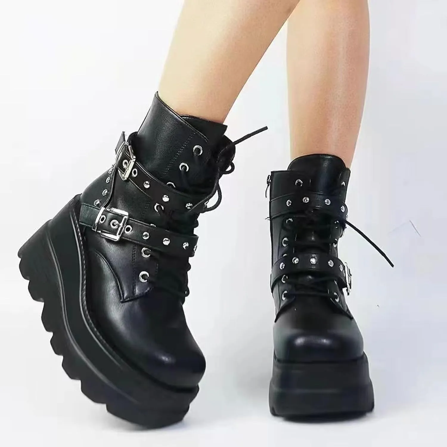 Goth Ankle Boots for Women, Platform Chunky High Heel Combat Boots, Black Punk Lace Up Wedge Rave Boots Shoes - DIY, Bat Buckle, Side Zip, US5.5-10