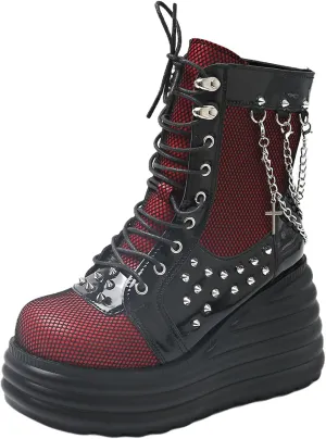Goth Chunky Ankle Boots for Women - Bat Buckle DIY Platform,Zip Round Toe Lace Up Combat Bootie, Wedge Rave Boots Black Punk Shoes - Light Weight & Waterproof