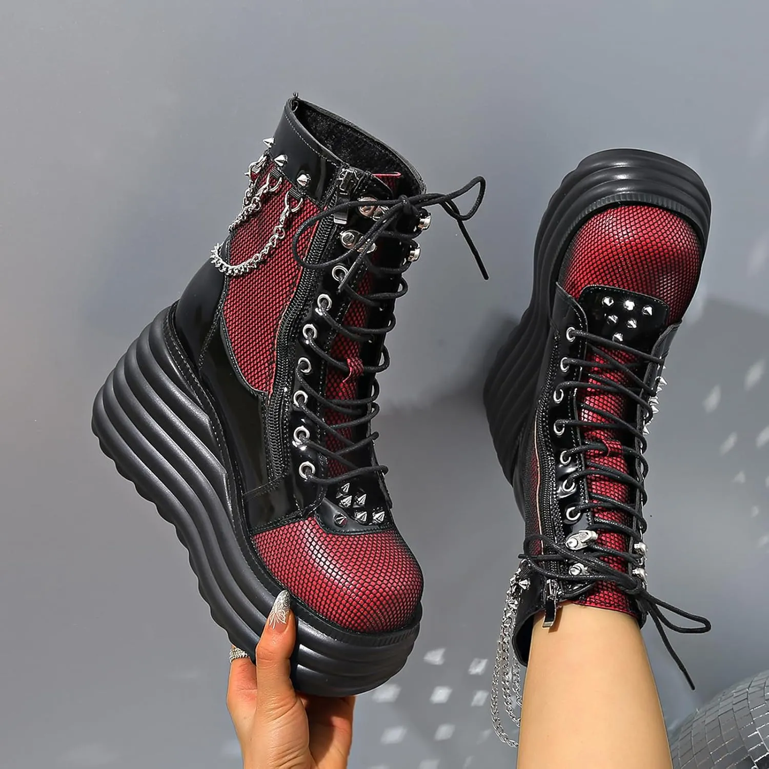 Goth Chunky Ankle Boots for Women - Bat Buckle DIY Platform,Zip Round Toe Lace Up Combat Bootie, Wedge Rave Boots Black Punk Shoes - Light Weight & Waterproof