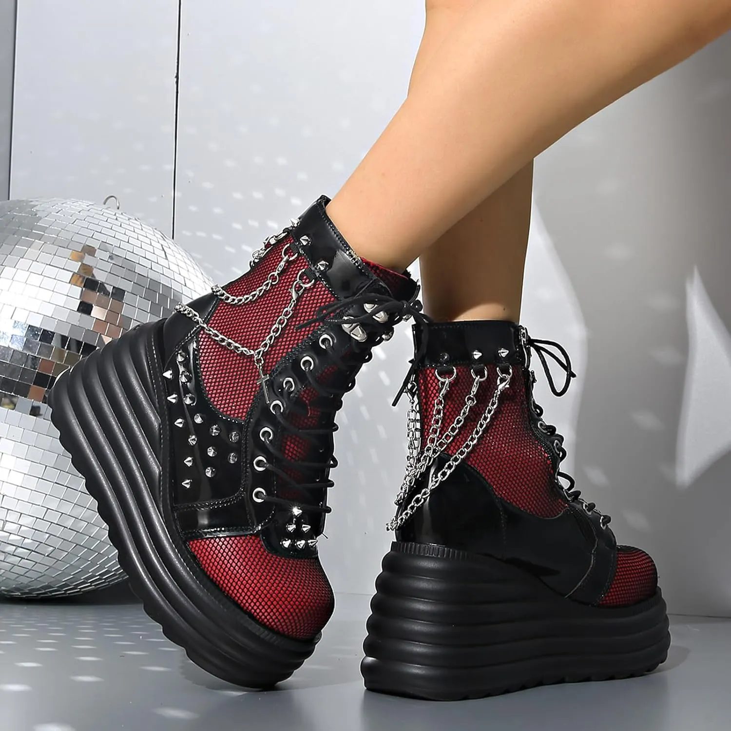 Goth Chunky Ankle Boots for Women - Bat Buckle DIY Platform,Zip Round Toe Lace Up Combat Bootie, Wedge Rave Boots Black Punk Shoes - Light Weight & Waterproof