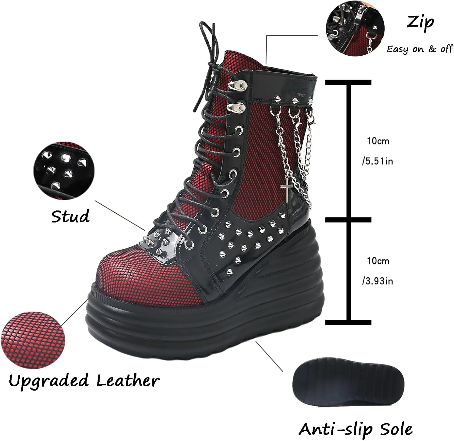 Goth Chunky Ankle Boots for Women - Bat Buckle DIY Platform,Zip Round Toe Lace Up Combat Bootie, Wedge Rave Boots Black Punk Shoes - Light Weight & Waterproof