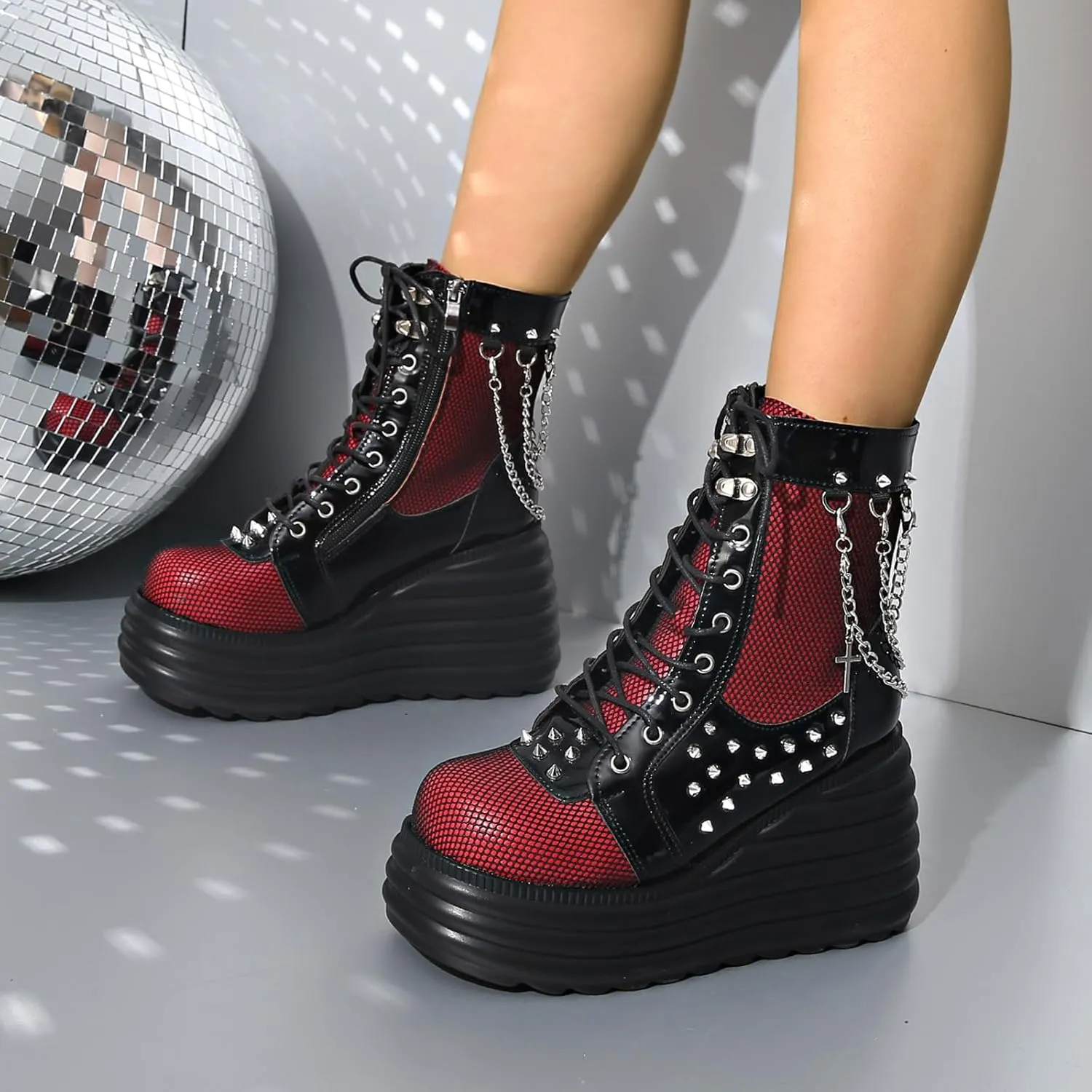 Goth Chunky Ankle Boots for Women - Bat Buckle DIY Platform,Zip Round Toe Lace Up Combat Bootie, Wedge Rave Boots Black Punk Shoes - Light Weight & Waterproof