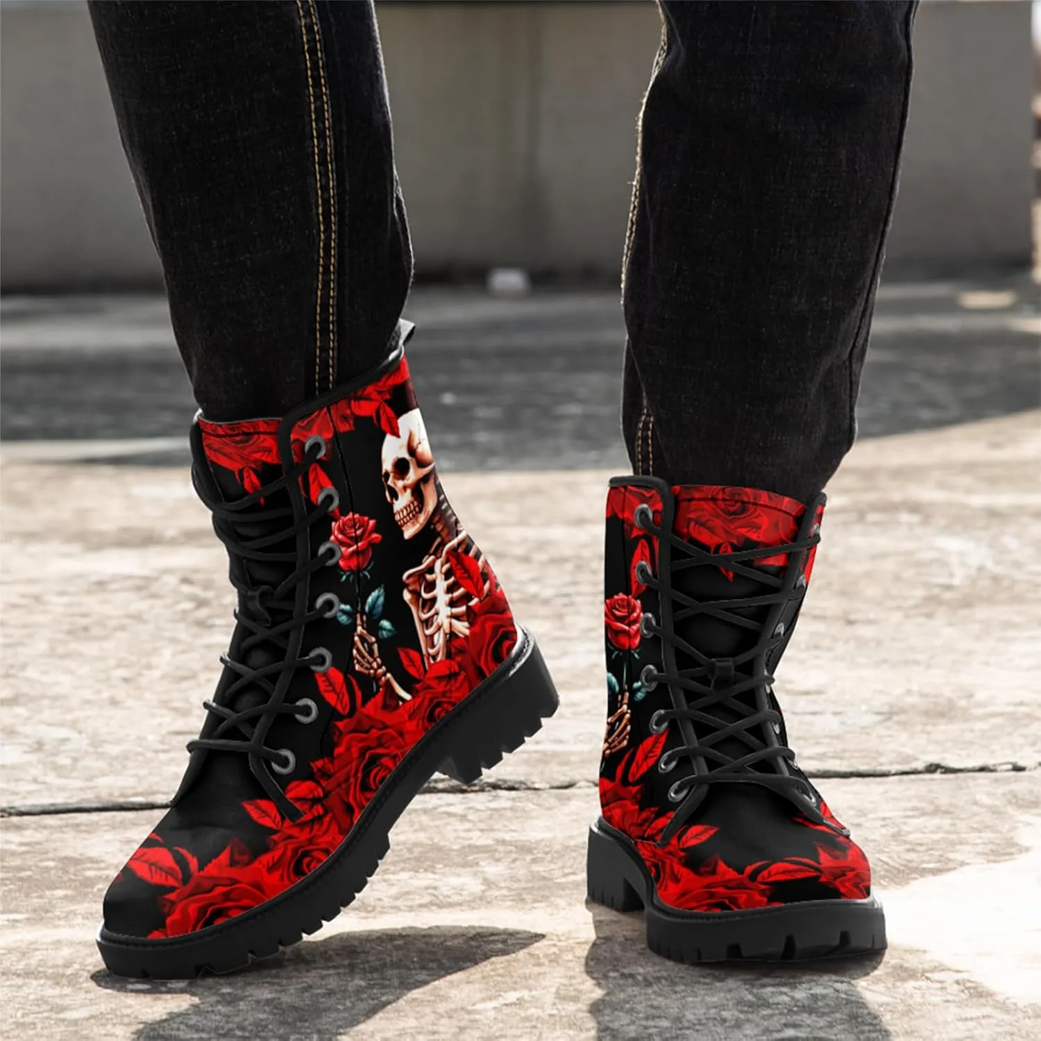 Gothic Lolita Women's Ankle Boots - Black, Round Toe, Block Heel, Lace-Up Booties - Gothic Boots Model