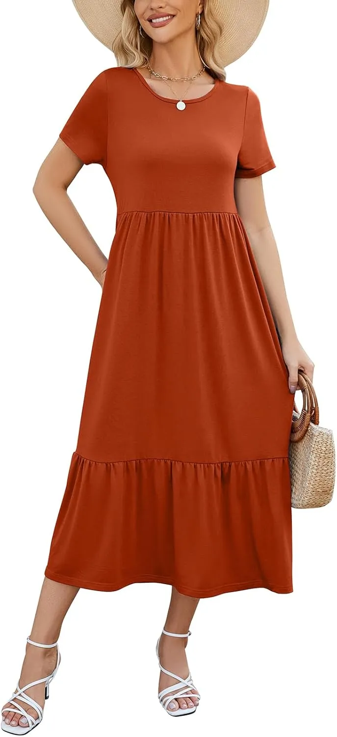 Gracyoga Women's Summer Maxi Dress 2025 Casual Short Sleeve Crewneck Flowy Swing Tiered Long Beach Dresses with Pockets