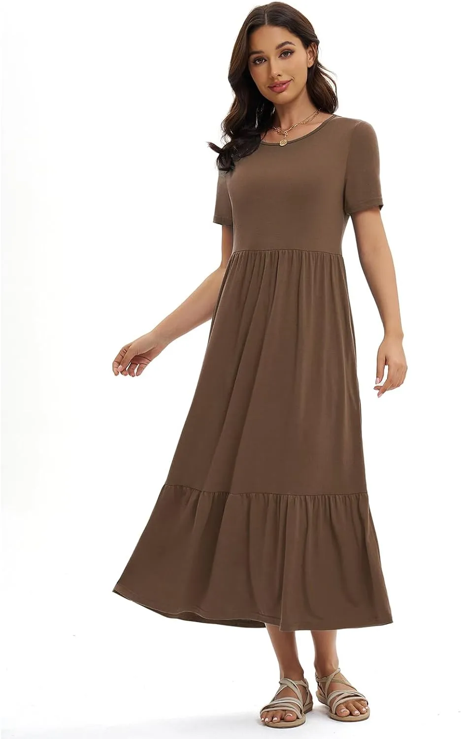 Gracyoga Women's Summer Maxi Dress 2025 Casual Short Sleeve Crewneck Flowy Swing Tiered Long Beach Dresses with Pockets