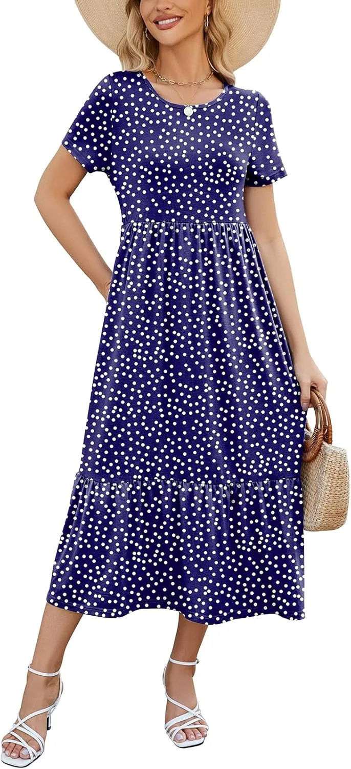 Gracyoga Women's Summer Maxi Dress 2025 Casual Short Sleeve Crewneck Flowy Swing Tiered Long Beach Dresses with Pockets