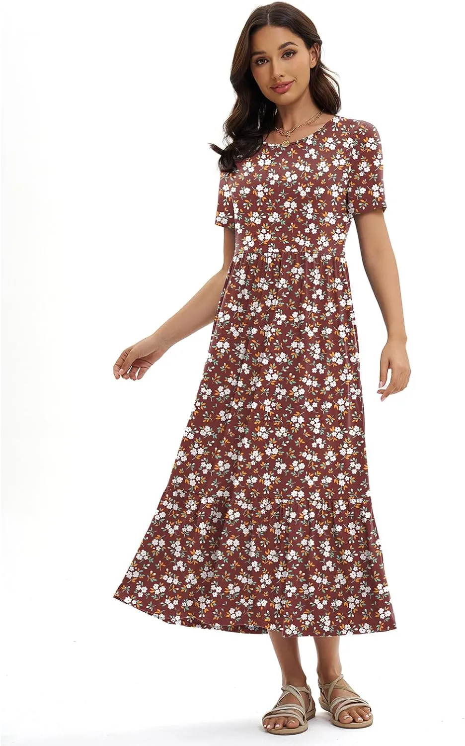 Gracyoga Women's Summer Maxi Dress 2025 Casual Short Sleeve Crewneck Flowy Swing Tiered Long Beach Dresses with Pockets