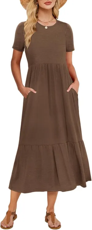 Gracyoga Women's Summer Maxi Dress 2025 Casual Short Sleeve Crewneck Flowy Swing Tiered Long Beach Dresses with Pockets