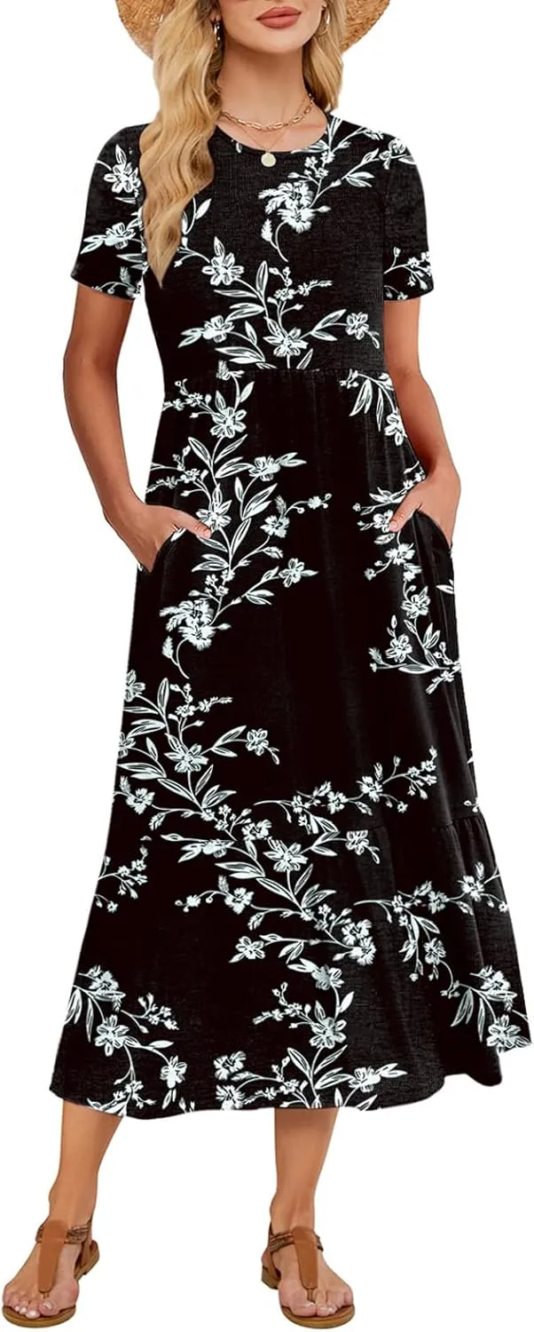 Gracyoga Women's Summer Maxi Dress 2025 Casual Short Sleeve Crewneck Flowy Swing Tiered Long Beach Dresses with Pockets