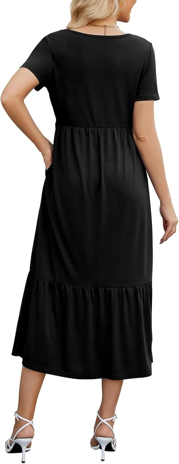 Gracyoga Women's Summer Maxi Dress 2025 Casual Short Sleeve Crewneck Flowy Swing Tiered Long Beach Dresses with Pockets