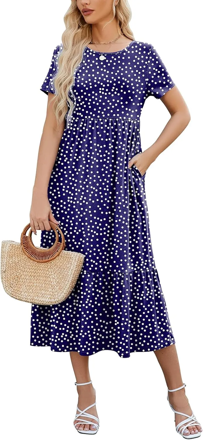 Gracyoga Women's Summer Maxi Dress 2025 Casual Short Sleeve Crewneck Flowy Swing Tiered Long Beach Dresses with Pockets