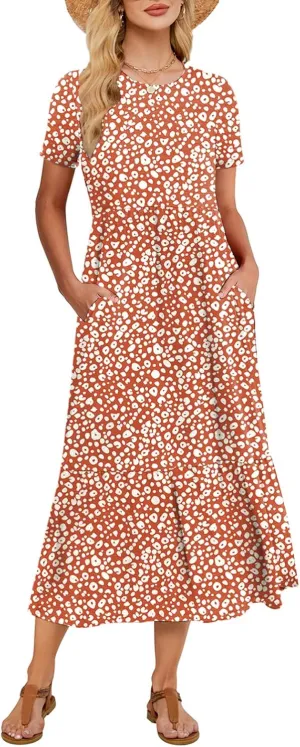 Gracyoga Women's Summer Maxi Dress 2025 Casual Short Sleeve Crewneck Flowy Swing Tiered Long Beach Dresses with Pockets