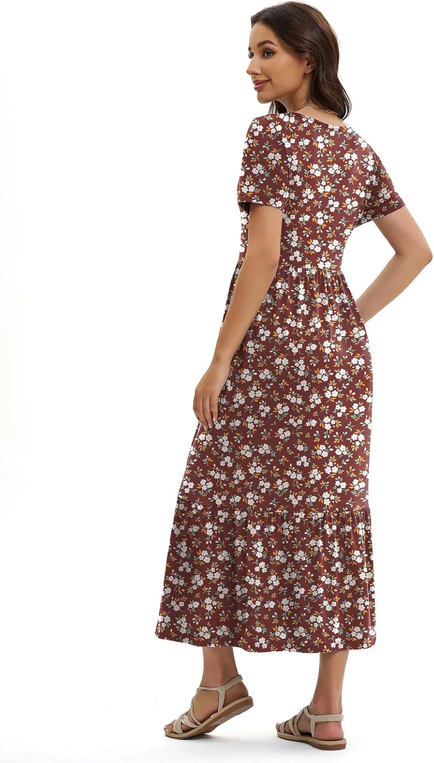 Gracyoga Women's Summer Maxi Dress 2025 Casual Short Sleeve Crewneck Flowy Swing Tiered Long Beach Dresses with Pockets