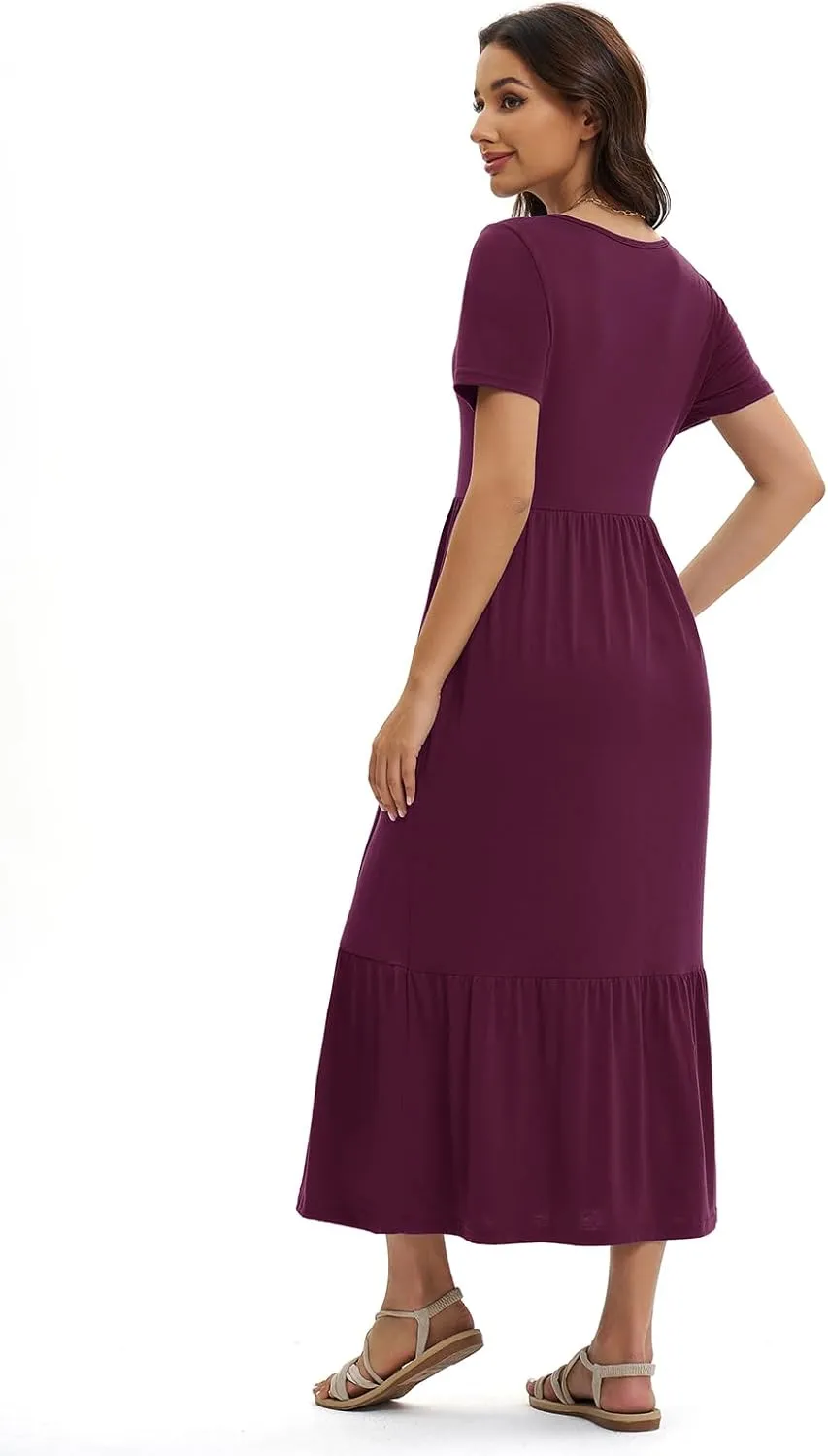 Gracyoga Women's Summer Maxi Dress 2025 Casual Short Sleeve Crewneck Flowy Swing Tiered Long Beach Dresses with Pockets