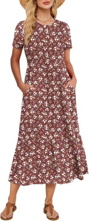 Gracyoga Women's Summer Maxi Dress 2025 Casual Short Sleeve Crewneck Flowy Swing Tiered Long Beach Dresses with Pockets